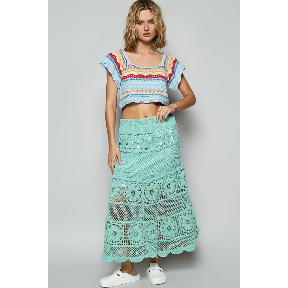 POL Teal Crochet Midi Skirt | Elastic Waist Pull On Flowy - Picture 7 of 9